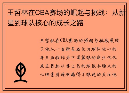 王哲林在CBA赛场的崛起与挑战：从新星到球队核心的成长之路